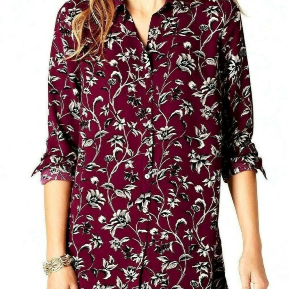 J. Jill Burgundy Floral Button Down Shirt